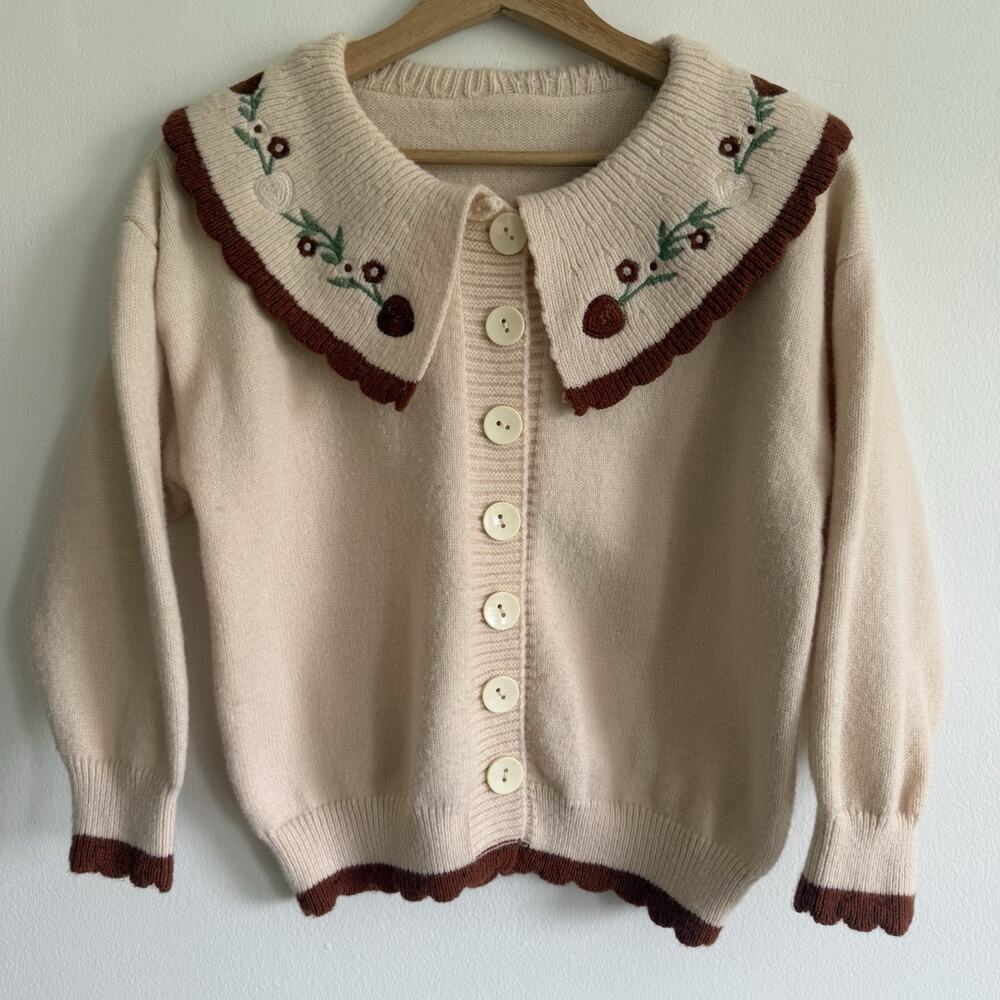 Coquette Embroidered Peter Pan Collar Cardigan Women’s Medium Knit Sweater Prep